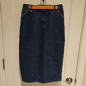 Leo Chevalier Denim Midi Skirt with Contrast Stitching